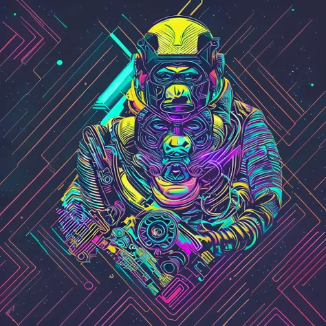 uma figura de macaco dj futurista, com luzes nos olhos, cercado pelo design de camiseta vector vibraprint ready, cyberpunk monke...