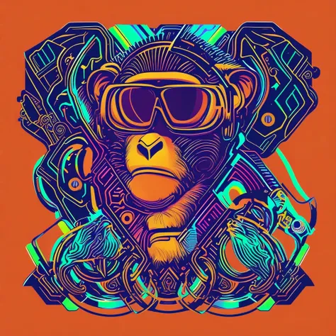 uma figura de macaco dj futurista, com luzes nos olhos, cercado pelo design de camiseta vector vibraprint ready, cyberpunk monke...