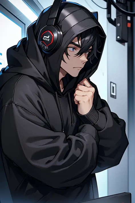 a person wearing a hoodie and a pair of headphones, wearing a black hoodie, wearing a dark hood, black hoodie techie, wearing black hooded cloak, dressed black hoodie, in a black hoodie, black hoodie, men