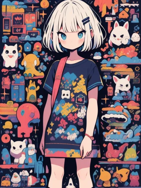 alta qualidade、Paleta de cores neon、High-level image quality、kawaii menina、Unprecedented number of draws、estilo anime、Geometric pattern background、estilo de adesivo、short hair、Cabelos escuros、olhos castanhos, messy hair, Menhera, Ataduras, roupas largas, c...