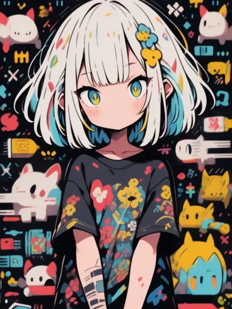 alta qualidade、Paleta de cores neon、High-level image quality、kawaii menina、Unprecedented number of draws、estilo anime、Geometric pattern background、estilo de adesivo、short hair、Cabelos escuros、olhos castanhos, messy hair, Menhera, Ataduras, roupas largas, c...