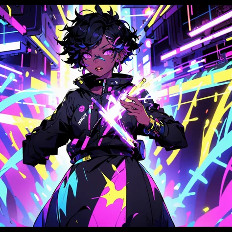 young woman, black skin, short curly mullet, stylish clothes, technological visor, [futuristic] [urban backdrop], vibrant atmosp...