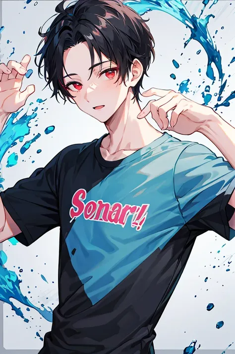 1 boy, handsome boy, black hair, comma hair, forehead comma hair, korean hair, Red eyes, T shirt, pink and blue splash, looking at viewer, upper body