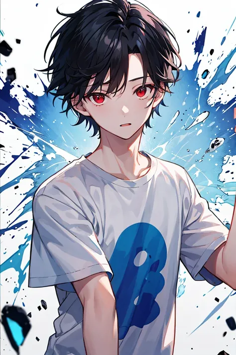 1 boy, handsome boy, black hair, comma hair, forehead comma hair, korean hair, Red eyes, T shirt, pink and blue splash, looking at viewer, upper body