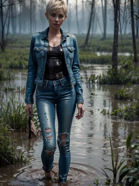 Movie poster featuring a mature vicious emaciated woman, (Flare on fitted blue jeans:1.1), drowning, Standing knee-deep in a muddy swamp:1.2, Completely Body,pixie cut, Dirty denim jacket, dramatic, atmospheric, photografic, Soaking wet clothes, (seducing:...