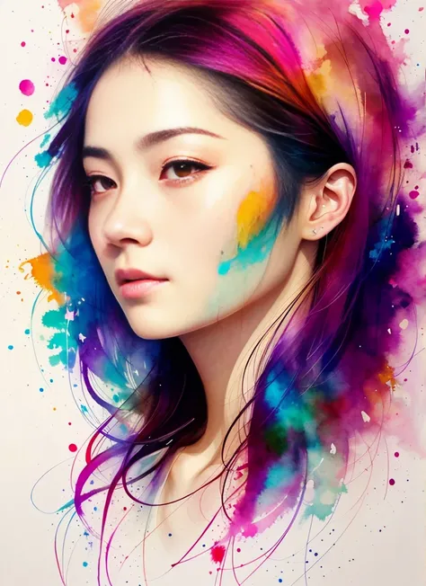 Uma pintura de MSE, Uma Mulher Chinesa por Agnes Cecile，（cara como raposa），design luminoso，cor pastel，gotas de tinta，Luzes de outono