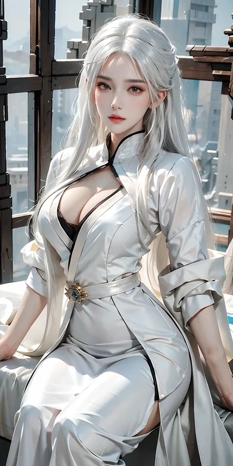 close up portrait of woman with white hair and white mask, beautiful character painting, guweiz, artwork in the style of guweiz,...