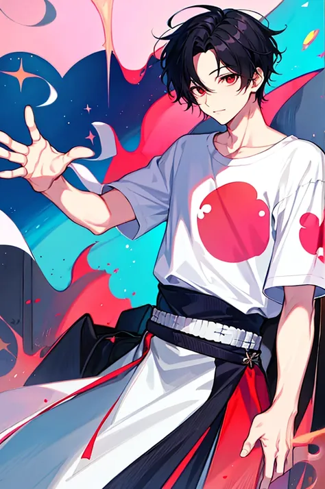 1 boy, handsome boy, black hair, comma hair, forehead comma hair, korean hair, Red eyes, T shirt, pink and blue splash, looking at viewer, upper body