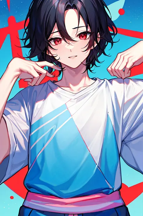 1 boy, handsome boy, black hair, comma hair, forehead comma hair, korean hair, Red eyes, T shirt, pink and blue splash, looking at viewer, upper body