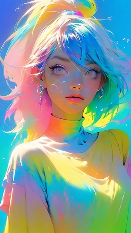 （Pink Fashion T-shirt：1.9），(Colorful hair: 1.8), (all the colours of the rainbow: 1.8),(((((vertical painting：1.6))), （painting：1.6），front, comics, illustrations, paintings, large eyes, crystal clear eyes,（ rainbow color gradient high ponytail：1.7）, exquis...