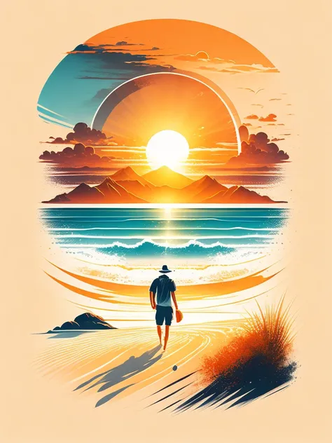 Sunset on the beach, white sand, epic composition, t-shirt design, rzminjourney, vector art