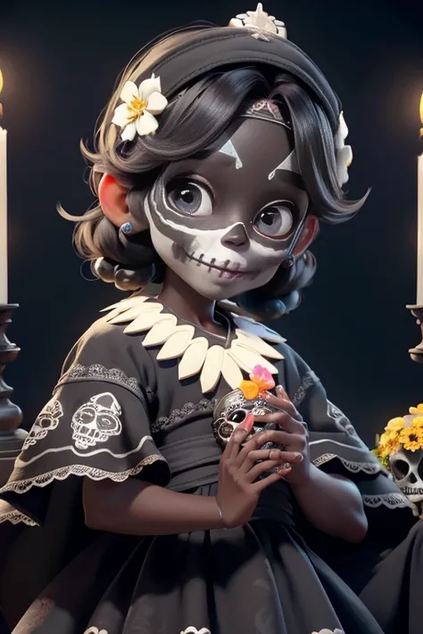 master part, best quality, Rosto detalhado, (Olhos detalhados), detailed hands, um menino negro sorrindo com (sugar skull makeup), Mexican Indigenous Dress, Flowers headband, segurando um altar (vela)