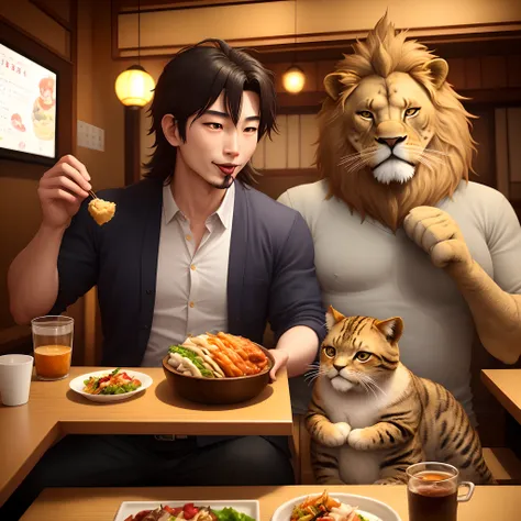 A large, gentle anthropomorphic lion and a small, cute anthropomorphic cat happily eating at an izakaya.。animesque