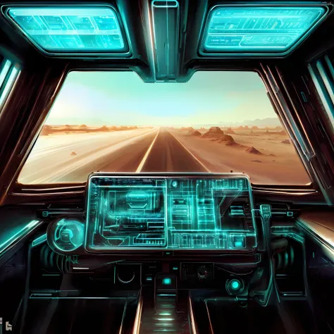 a close up of a car dashboard with a view of a desert, retrofuturistic digital painting, futuristic digital painting, sci-fi digital painting, sci fi digital painting, sci-fi digital art illustration, cybertruck, sci-fi digital art, futuristic digital art,...