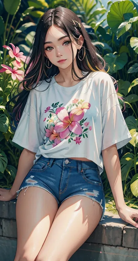 Pintura de Plumeria com fundo respingado e efeito de tinta spray, Directed by: Adam Hughes, Camiseta Plumeria Flower Design e shorts jeans, Centro da parte superior do corpo, cabelos multicoloridos, olhos fechados, grande sorriso feliz, arte em aquarela,  ...