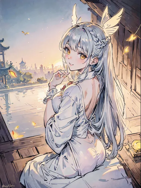 Adult woman, medium breast on a thin body, glossy lips, shining perfect yellow eyes, silvery hair, long french braid, symmetrical fairy wings on her back (detailed), white corsage, long skirt, turning head to spectator, smiling winking look, gentle pose, f...