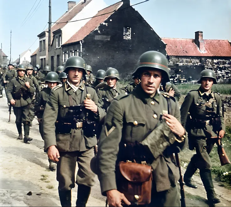 soldiers marching down a street in a line with helmets on, ww 2 historical photography, ww2 historical photography, ww2 photo, w...