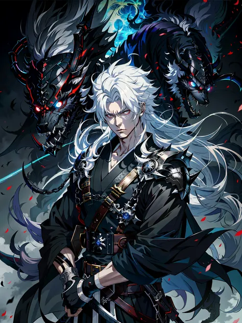 Anime characters with white hair and black cape holding a sword, by Yang J, Detailed digital anime art, drak, Badass anime 8 K, handsome guy in demon killer art, trending on artstation pixiv, handsome japanese demon boy, Anime fantasy illustration, detaile...