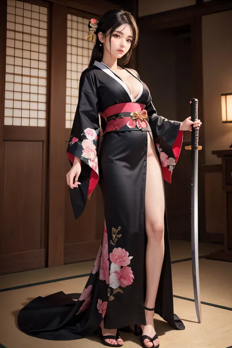 ((best quality, 8K, masterpiece)), ultra detailed, sharp focus, 1 beautiful woman, ((kimono)), (cleavage), ((holding katana)), highly detailed face and skin texture, ((detailed eyes)), ((beautiful black eyes:1.2)), ((full body))