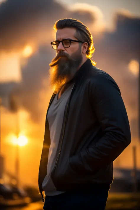 (bearded man, hair, glasses, vaping, exhaling smoke) in (urban setting), (best quality, 4k, realistic) with (soft sunlight), capturing the (vivid colors) surrounding the man. The mans (beard) is meticulously groomed, complementing his (hairstyle) that exud...