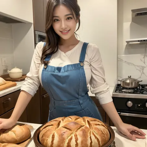 ((masutepiece、top-quality、highly complex and detailed depictions))、girl baking bread in cozy kitchen, the biggest smile staring ...