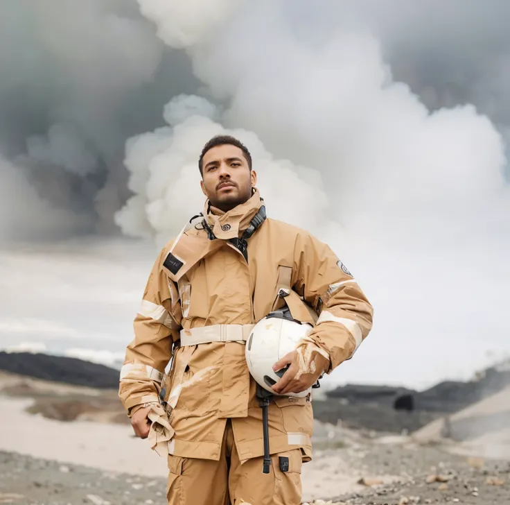 Criar uma imagem de um bombeiro com equipamento completo, de pele parda, segurando um capacete e um machado