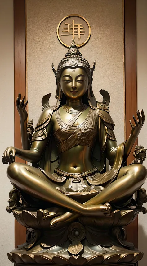 Goddess of ancient Japan, guanyin of the southern seas, guanyin, Facing the front,Inspired by India, Avalokitesvara rides komaninu，,serene expressions,shui mo hua,Buddha,budista,lotuses,Style of Japan painting,Thangka style、((Bronze statue))、