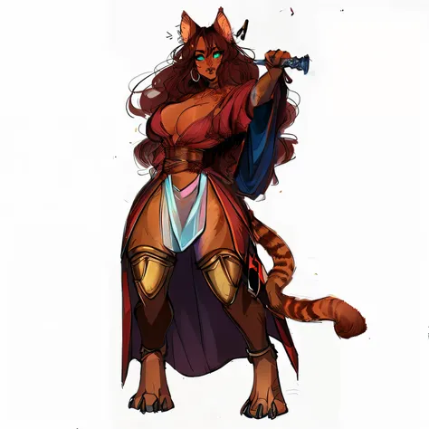 (athropomorphic detailed arm up and small hand with claws:1), tabaxi holding sword to her back, claymore, wearing robe, commission for high res,