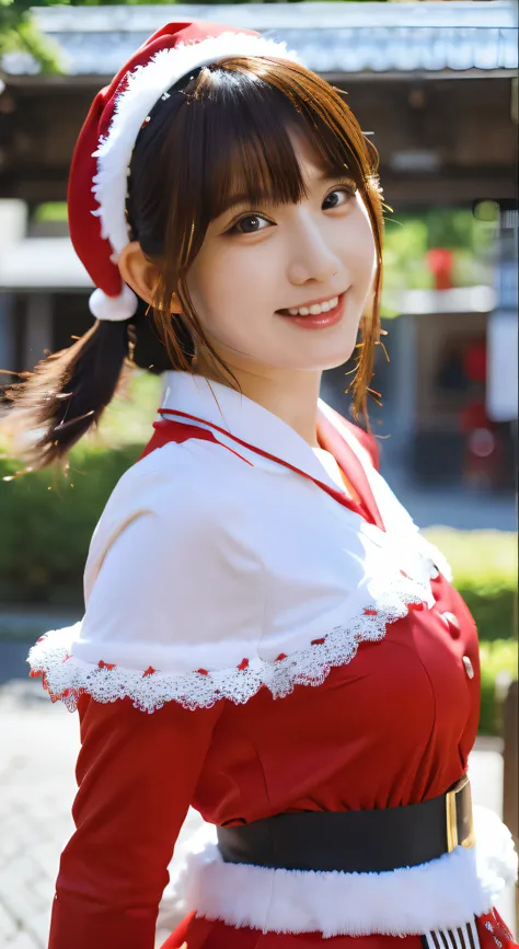 masutepiece, Best Quality, Ultra-detailed, Red and White Santa Claus(No hats)1girl in, Looking at Viewer, Best Quality,depth of fields,(Closed mouth,lightsmile,Black eyes:1.1),Beautiful detailed glow , (santa costume:1.3),Shibuya at the intersection,fullbo...