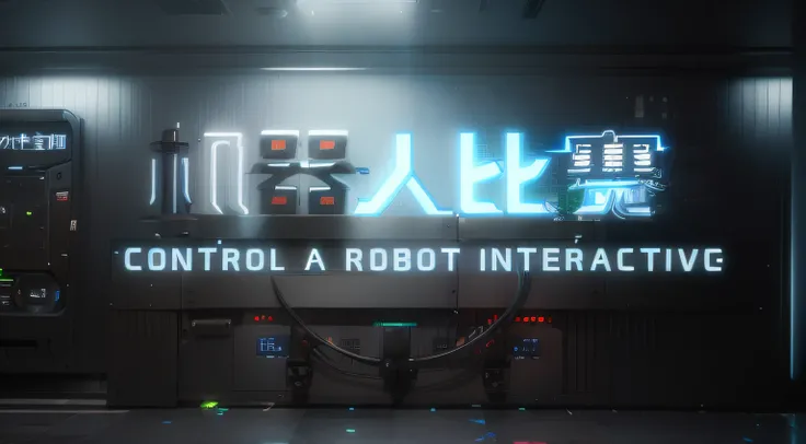 There is a sign that says Control Robot Interaction, control, view is centered on the robot, Robotic, interface, beastly, Integrated synthetic robot, droid, droid, Who are the robots?", Wang Chen, the most advanced humanoid robot, Human-machine interface, ...