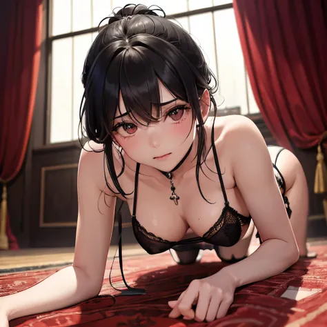 1girl in,She is made to crawl on all fours in extreme lingerie and almost cries..,Embarrassed and crying expression,red blush,Goddess-like beauty,hairstyle with black hair up,Accurately drawn face,Slender but big breasts,a navel,beauty legs,perfectly propo...