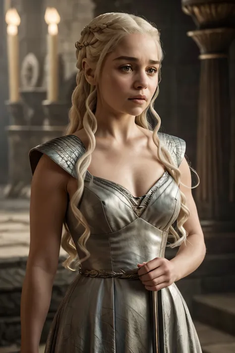 a close up of a woman in a dress with a sword, daenerys, daenerys targaryen, emilia clarke, emilia clarke as a greek goddess, scales on her chest, from of thrones, style of game of thrones, queen of dragons, mila kunis as daenerys targaryen, scales coverin...