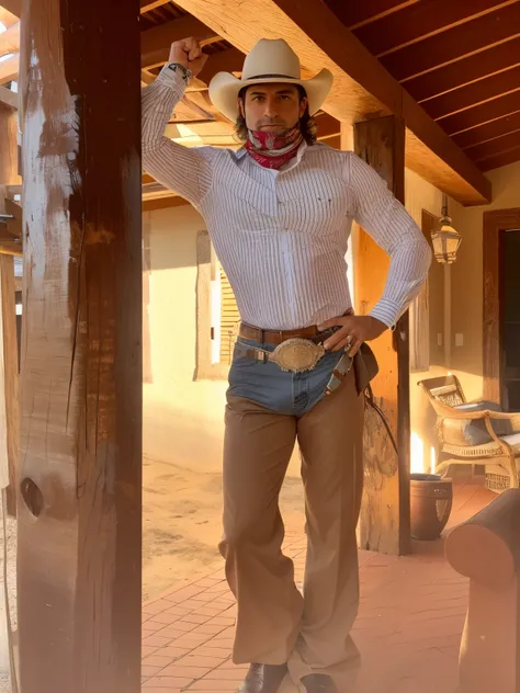 Araffe dressed in a cowboy costume on his feet in a covered area, estilo cowboy, Tema Cowboy, foto de retrato de corpo inteiro, Roupas ocidentais, 🤠 usando um 🖥, tiro de comprimento de corpo inteiro, Vaquero mexicano, Fechar tiro de corpo inteiro, imagem d...