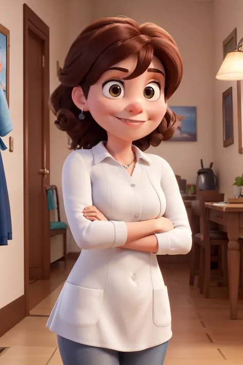 Crear imagen estilo Pixar 3D, La mejor calidad, Portrait of a successful 35 year old white woman looking at the camera with her arms crossed and wearing a white tunic. Mujer de negocios sonriente  on labios voluminosos parada en la nueva oficina de belleza...