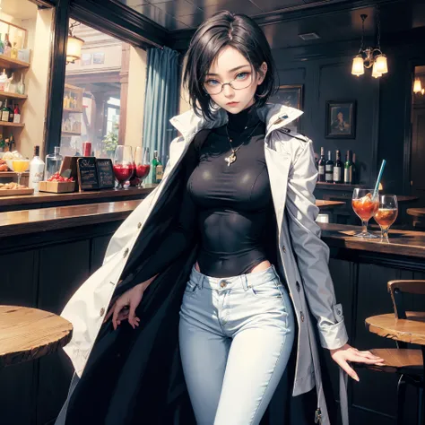 masutepiece,1girl in, Best Quality,cyberpunked,(Alternative、dim colors, Soothing tones:1.3),(Beautuful Women、Detailed beautiful facial features、Short black hair、blue eyess、eye glass、slenderbody:1.3)（eye glass:1.5）(formal white coat、Black Denim、long boots:1...