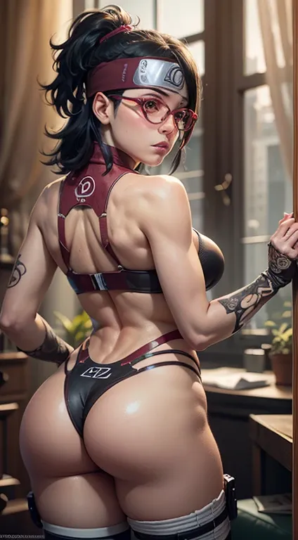 masterpiece, alluring, intimate:1.3), Sarada Uchiha, alone at home, (living room:1.2), wearing nothing but a skimpy red lingerie set, (red glasses:1.2), (Konoha headband:1.5), (perfectly arched back:1.2), (enticing gaze:1.2), (flowing dark tresses:1.1), (s...