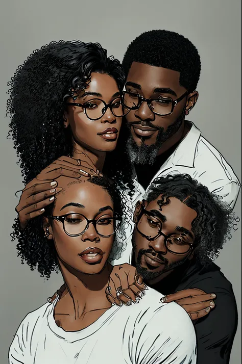 draw a black woman with long black curly hair, voluminous glasses with a black man, sem barba, without glasses with low and strong hair hugging each other