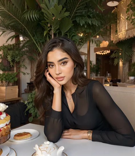 araffe woman sitting at a table with a plate of food, olivia culpo, cindy avelino, stunning woman, cute woman, gorgeous woman, gorgeous lady, beautiful girl, julia sarda, attractive girl, jaw-dropping beauty, tanned ameera al taweel, beautiful model, gorge...