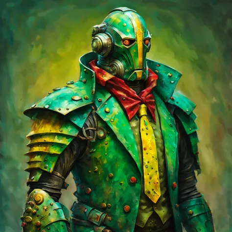 warforged, Wearing Producers Jacket, tie-dyed in colors of vivid sea-green green yellow and red, masterpiece, best quality, in vintage art style