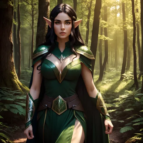 beautiful forest elf, pretty face, nice body, black hair, wearing armor, green cape, in a forest, 8k, extremely detailed, ultra realistic