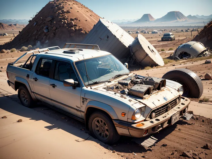 high quality, 8K Ultra HD, hyper-realistic portrait of a big flying saucer crash on the side of a hill with Debris all over the crash site, Alien bodies on the floor, American soldiers on jeeps on the background with a beautiful woman looking at the site, ...