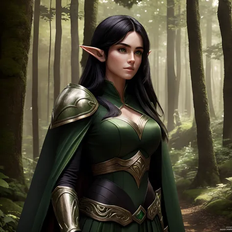 beautiful forest elf, pretty face, nice body, black hair, wearing armor, green cape, in a forest, 8k, extremely detailed, ultra realistic