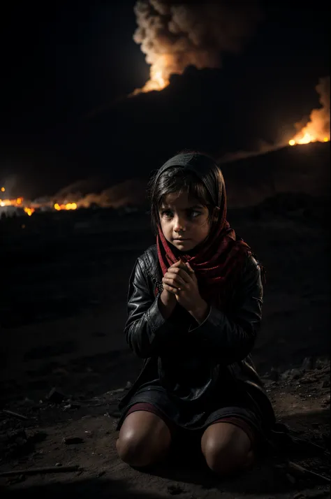 ciudad palestina destruida, ciudad de gaza, escombros con fuego, child kneeling crying, tears in her eyes, rostro con dolor, ros...