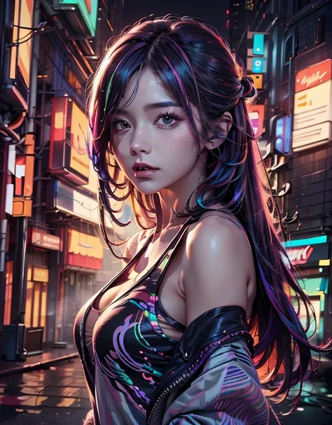 (masterpiece, high quality, highres,illustration), 1girl, galaxy multicolored hair in New york city at night with orange fog, cybercity,