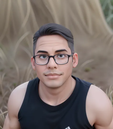 Man in glasses and black shirt posing for a photo on the background of dry grass in Cartoon style, olhos grandes e rosto arredondado