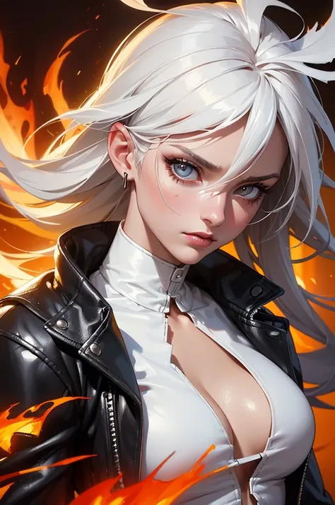 (high quality, realistic) a woman with white hair wearing a black leather jacket, a white top, and ripped jeans, with fire wings...