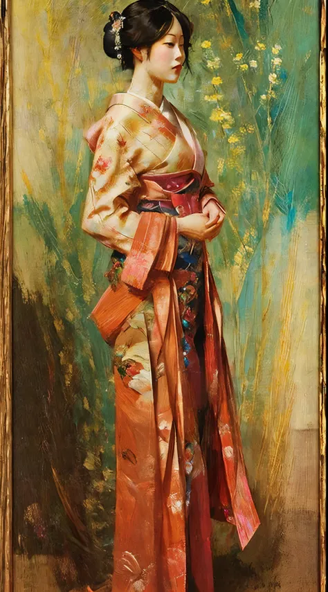 woman, beautiful, konoichi, wearing an open kimono, slender body, large breasts, standing, oil painting, canvas fabric, da vinci...