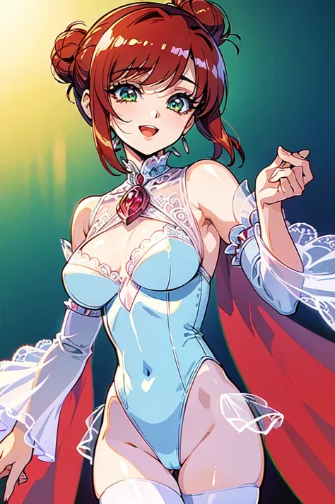 (masterpiece:1.1), best quality, NSFW, 
1girl, (80s anime style:1.3), (eyelashes:1.5), (loli:1.2), 
(intricate high detailed body:1.2), 
red hair, (short hair, twin messy bun:1.1), 
green eyes, (lip stick:1.1), 
slender body, large breasts, 
(happy, smile:...