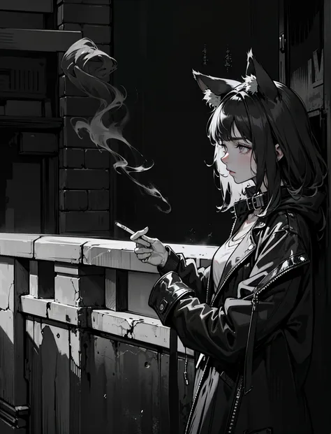 the wolf girl, black  hair, wolf ears with white fur inside, high collar coat, lights a cigarette, black and white, noir, pathos...