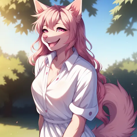 Athena, pink anthro dog, pink nose, detailed pink eyes, pink dog tail, white blouse, outdoors, at a park, walking posing elegantly, by fumiko, close up, portrait, laughing, smiling, squinting eyes